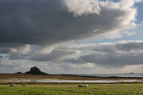 Εκπληκτική Εικόνα Τοπίου Του Lindisfarne Ιερό Νησί Στο Northumberland Της — Φωτογραφία Αρχείου