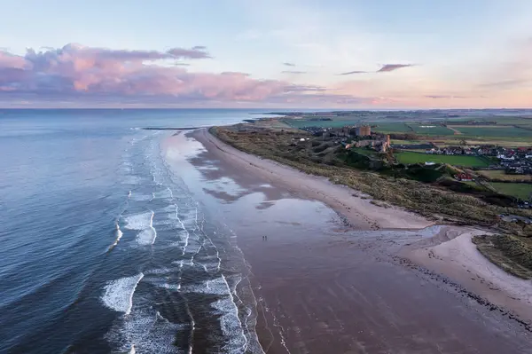 Gyönyörű Légi Drón Táj Kép Northumberland Strand Észak Angliában Téli Jogdíjmentes Stock Fotók