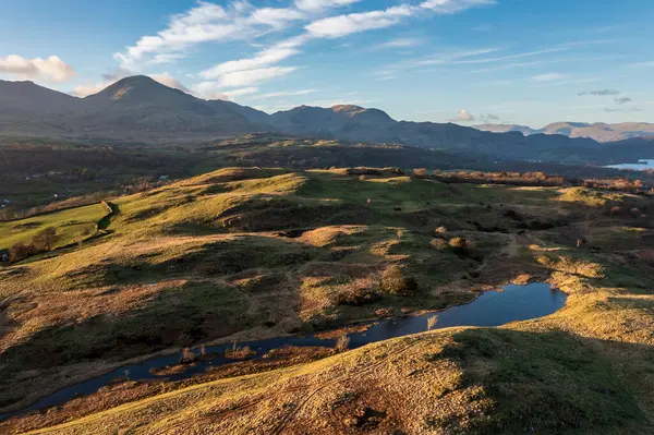 Beautiful Spring Sunset Landscape Aerial Drone Image Lake District Looking Stock Picture