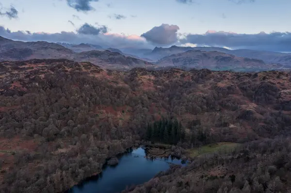 Stunning Aerial Drone Landscape Image Lake District Spring Vibrant Sunset Stock Photo