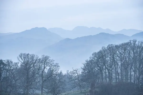 Потрясающее Мирное Пейзажное Изображение Туманного Весеннего Утра Над Уиндермиром Районе Стоковое Изображение