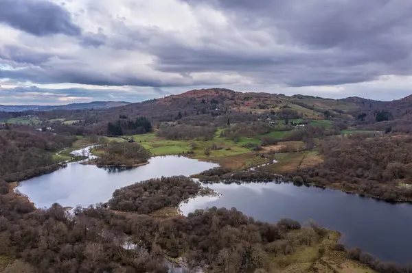 Prachtig Luchtfoto Drone Landschap Brathay Rivier Bij Elterwater Lake District Stockfoto