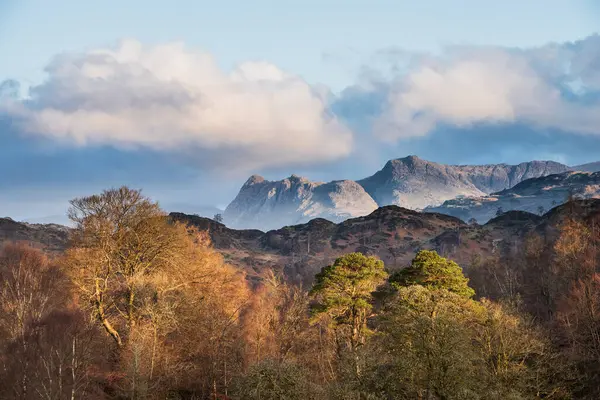 Stunning Spring Landscape Image Lake District Looking Langdale Pikes Colorful Stock Picture