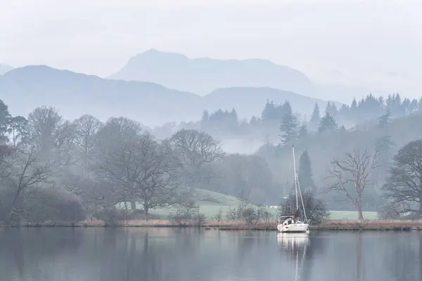 Stunning Peaceful Landscape Image Misty Spring Morning Windermere Lake District Stock Image