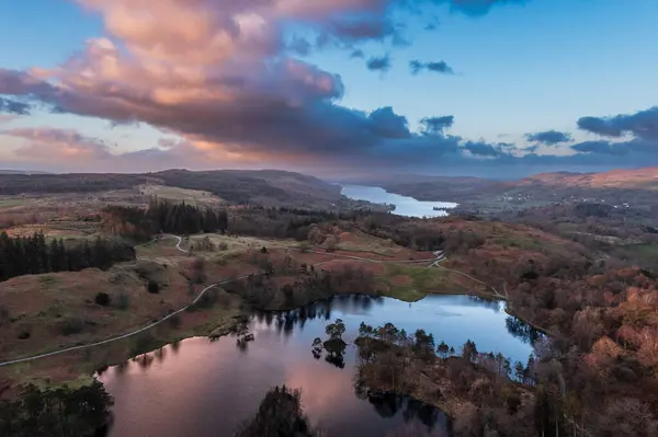 Fantastisk Luftdrone Landskap Bilde Lake District Vår Levende Solnedgang – stockfoto