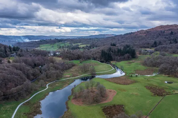 Beautiful Aerial Drone Landscape Image River Brathay Elterwater Lake District Stock Photo
