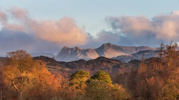 Stunning Spring Landscape Image Lake District Looking Langdale Pikes Colorful Royalty Free Stock Images