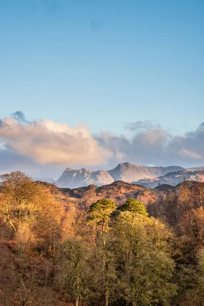 Stunning Spring Landscape Image Lake District Looking Langdale Pikes Colorful Stock Photo