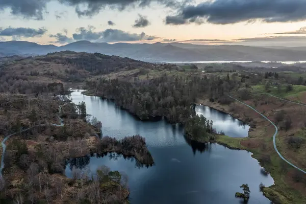 Stunning Aerial Drone Landscape Image Lake District Spring Vibrant Sunset Stock Photo