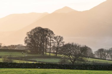 Castlerigg Taş Çemberinden Grisedale Pike 'a bakan güzel bir sonbahar gün batımı manzarası