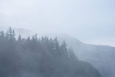 Sonbaharda sisli gündoğumunda Derwentwater 'ın büyüleyici atmosferik manzara görüntüsü