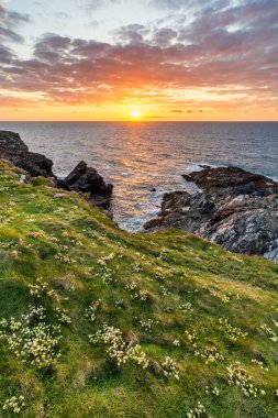 Büyüleyici yaz günbatımı manzarası Cornwall İngiltere 'deki tüm burnun dramatik gökyüzü