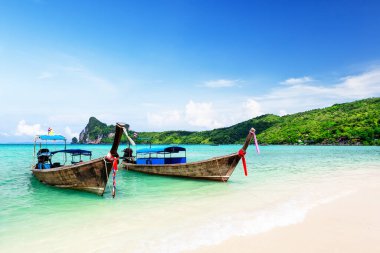 Geleneksel tahta kuyruklu Tayland teknesi ve Krabi 'deki Koh Phi Phi adasındaki güzel kumsal. Ao Nang, Tayland.