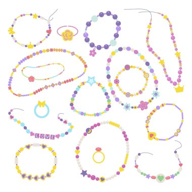 Boncuklar. Çocuklar güzel inciyle boyuna takı takardı. Vektör Moda Boncukları Koleksiyonu