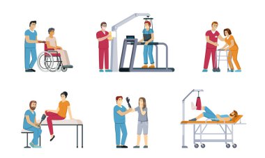 rehabilitasyon. Engelliler için ortopedi kliniği rehabilitasyon terapisi fiziksel aktivite uygular. Vektör karikatür insanları