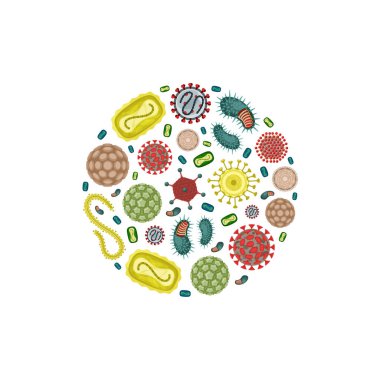 Bakteri. Virüsler ve mikroplar daire şeklinde. Vektör bakteriler koleksiyonu