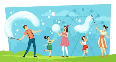 soap bubbles show. attraction for kids big soap bubbles. Vector cartoon backgrounds