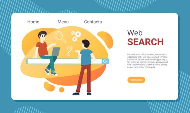 landing. web page template with people sitting on search bar frame. Vector template with place for texts