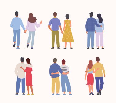 back view people. male and female standing in casual clothes. Vector cartoon persons back