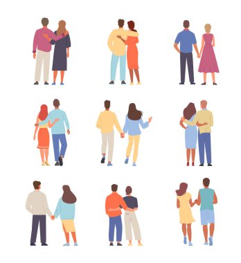 back view couples. people standing together. Vector cartoon person