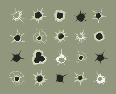 bullet holes. gunshot dots from shooting weapons shot destruction targets. Vector template set