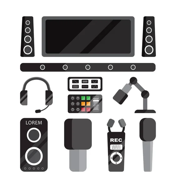 Musik Studio Tools Soundanlage Zum Aufnehmen Von Studiomikrofonen Lautsprecher Headset — Stockvektor