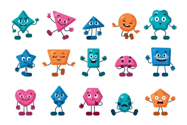 stock vector shapes with eyes. geometric figures cartoon characters in different poses. Vector mascot collections