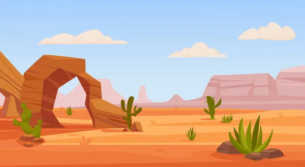 乾燥した砂漠の漫画の背景 砂の黄色い砂丘とサボテンのある熱い無限の砂漠 アフリカメキシコの自然を背景に — ストックベクタ