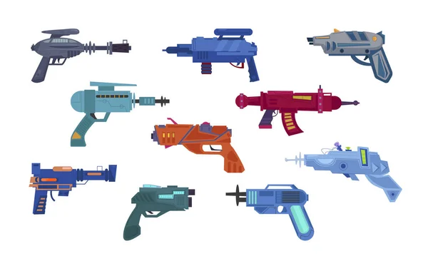 Spielzeugpistolen Laserpistolen Eine Reihe Isolierter Objekte Weltraumwaffen Retro Blaster Vektor — Stockvektor