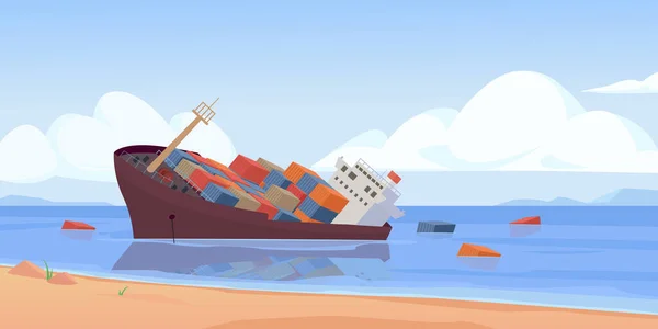 沈没船の背景貨物船の難破船 漫画海洋の背景 船は海岸にあり 貨物コンテナは水に落ちた ベクター漫画の背景 — ストックベクタ