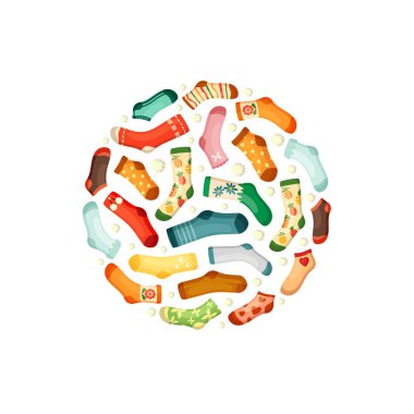 Renkli yün ve pamuklu çoraplar daire şeklinde dizilmiştir. Çocuk şirin gardırop. vektör düzlüğü illüstrasyon