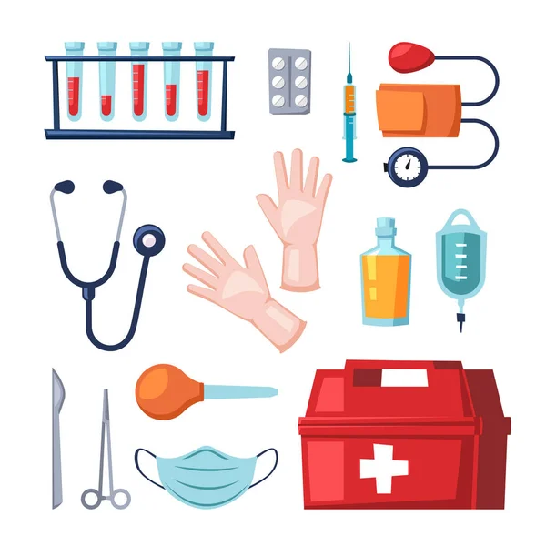 医院设置的医疗用品 孤立的卡通 急救箱 注射器 压力分配器 — 图库矢量图片
