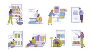 İnsanların konseptiyle çevrimiçi kütüphane. Çizgi film karakterleri kağıt kitaplar okuyor ve internetten ses kitapları dinliyorlar. vektör düz grafik