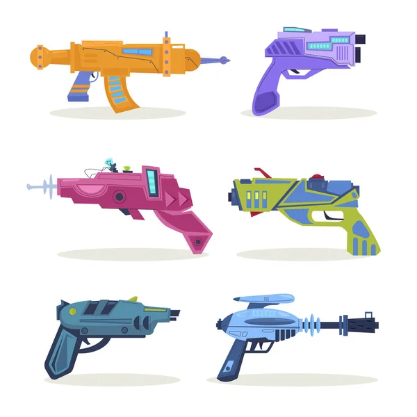 レーザータグライフルおもちゃ銃孤立した武器のセット 宇宙兵器とレトロなブラスター ベクトル漫画銃 — ストックベクタ