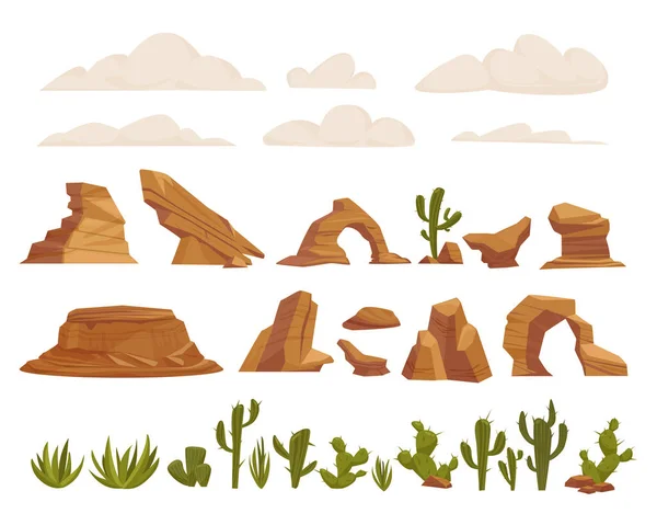 沙漠景观项目设置 干的亚洲沙漠动物 仙人掌 干枯的树 松果草 绿色的针叶植物 矢量卡通构造函数 — 图库矢量图片