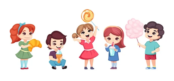 Happy Kids Candies Cute Children Sweets Croisant Vector Cartoon Characters — Stock Vector