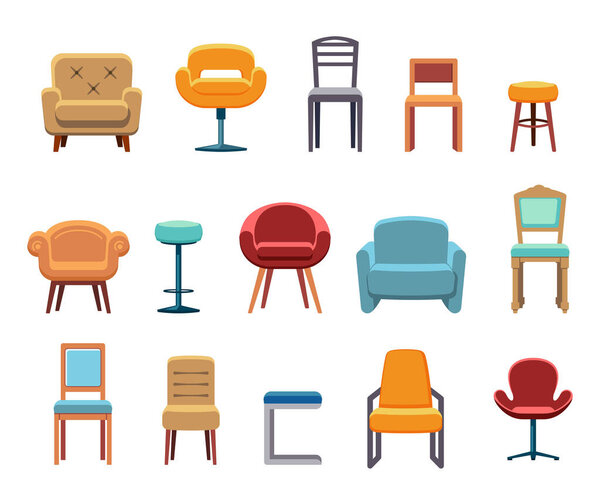 Дом, офисные стулья, вид спереди. Кресло, стул, высокий стул, диван, комфорт гостиной сидения мебель различных цветов. векторные мультипликационные кресла