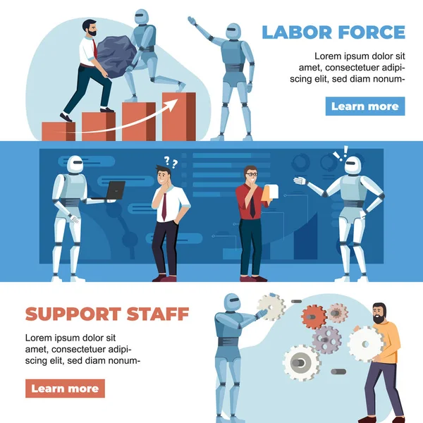 Robotar Anställda Arbetar Hjälper Till Med Människor Robotar Som Arbetar — Stock vektor
