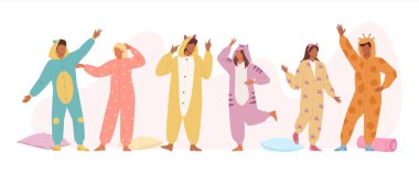 Mutlu şirin insanlar, kigurumi pijama takımı giymiş çocuklar. Çizgi film karakterleri pijama giyip eğleniyorlar. vektör düz çizgi film karakterleri.