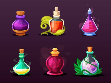 İksir seti olan sihirli iksir şişeleri. Renkli sıvı tıkaçlı fantezi cam mataralar, zehirli zehirler. Evet oyun varlıkları, öğeler özellikleri. vektör çizgi film gerçekçi mataralar ayarlandı