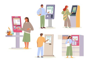 Karakterler dokunmatik ekranlı self servis terminalleri, konsept karikatür otomasyonu, temassız ödeme teknolojisi kullanıyorlar. vektör düz çizgi film karakterleri.