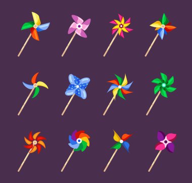 Rüzgâr fırıldağı gibi dönen çocuksu kağıtlar. Çizgi film renkli, renkli ve şekilli bebek oyuncakları. vektör çizgi film düz ögeleri.