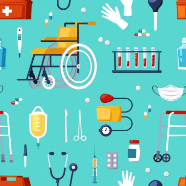 Tıbbi cerrahlar hastane eşyaları kalıpları. Cerrahi tıp, karikatür eczane ilaçları seti. vektör karikatürsüz desen.