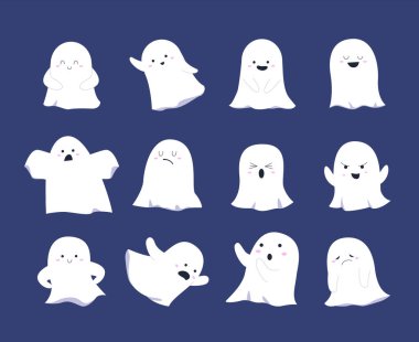 Cadılar bayramı çizgi film hayaletleri seti. Beyaz cadılar bayramı korkutucusu, çocuksu korkunç elbiseler. vektör çizgi film düz karakter.