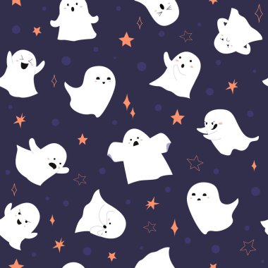 Küçük şirin çizgi film hayaletleri deseni. Bebek korkunç beyaz hayaletler, cadılar bayramı elbiseleri. vektör karikatürü korkunç cadılar bayramı kusursuz desen.