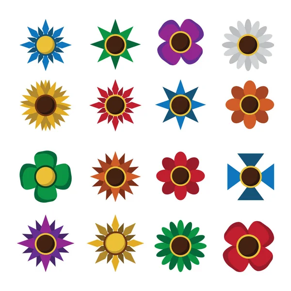 Blütenfarbenes Piktogrammset Zierblumen Verschiedenen Formen Draufsicht Garten Niedliche Blumen Pflanzen — Stockvektor