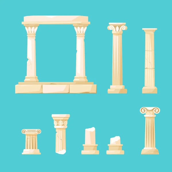 古老而破碎的希腊柱子 老式的建筑 史前古罗马柱 古代建筑卡通人物 矢量卡通画 — 图库矢量图片