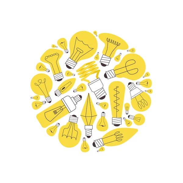 Ζωγραφισμένα Στο Χέρι Λαμπτήρες Κινουμένων Σχεδίων Κύκλο Φωτισμός Κίτρινο Ηλεκτρικής — Διανυσματικό Αρχείο