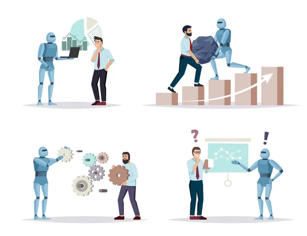 Roboty Pomagające Ludziom Biurze Ilustracja Kreskówek Koncepcyjnych Interfejs Użytkownika Pracujący — Wektor stockowy