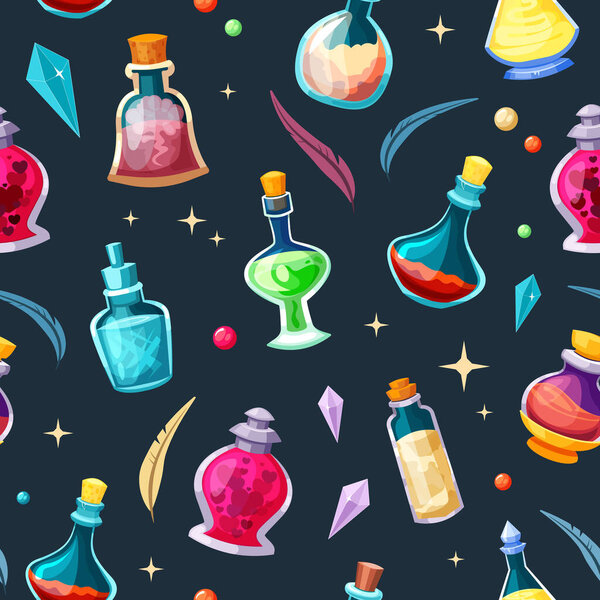 magic potion bottles with elixir seamless pattern. toxins poison, fantasy glass flasks with colorful liquid plugs, ui gaming assets. vector cartoon realistic flasks pattern